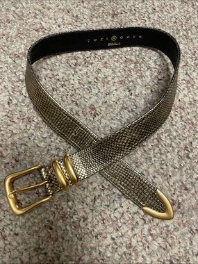Suzi Roher Metallic Pewter Lizard-Embossed Belt with Gold Hardware